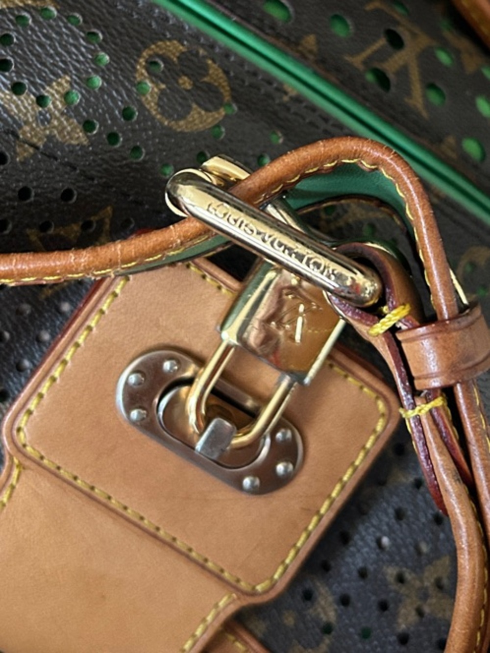 Beautiful Brown Monogram Shoulder Bag with Green Accents - Picture 13 of 17